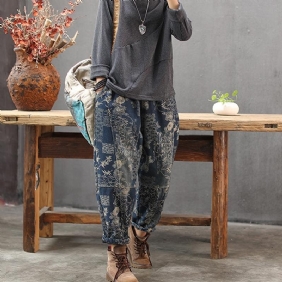 Vinterplysj Retro Printed Denim Harem Pants