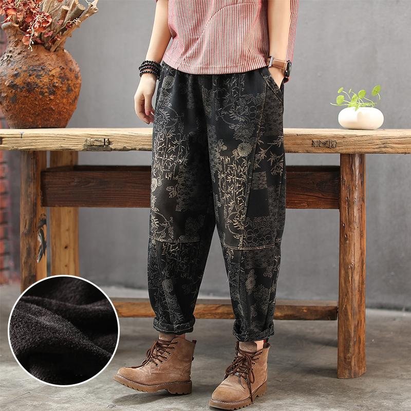 Vinterplysj Retro Printed Denim Harem Pants