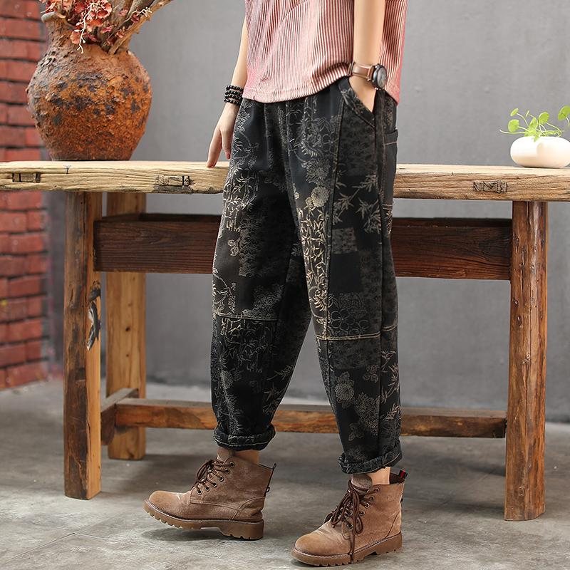 Vinterplysj Retro Printed Denim Harem Pants