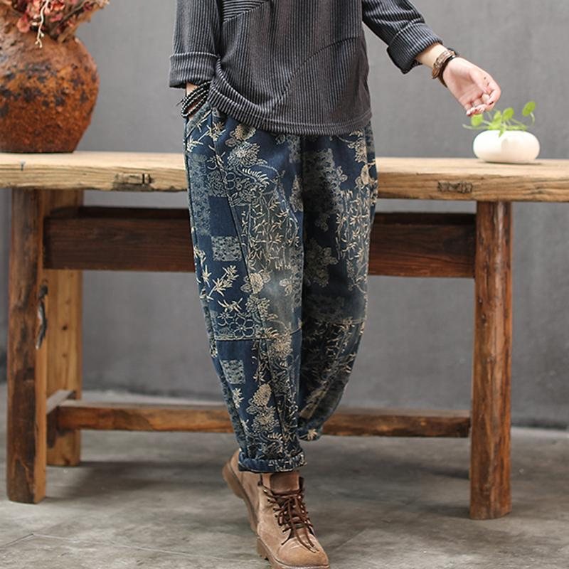 Vinterplysj Retro Printed Denim Harem Pants