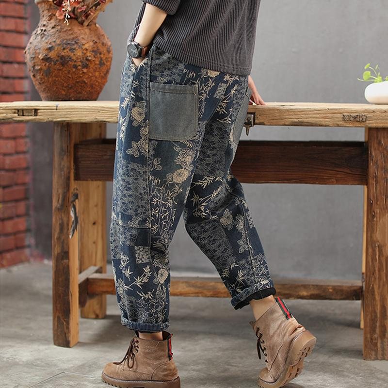 Vinterplysj Retro Printed Denim Harem Pants