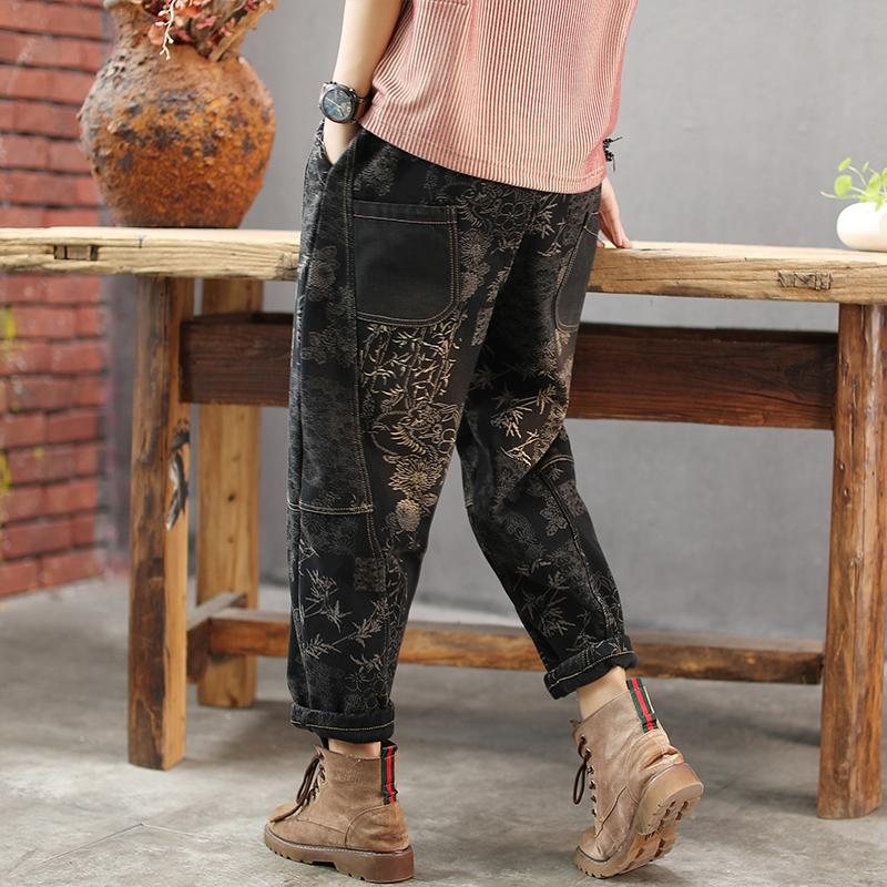 Vinterplysj Retro Printed Denim Harem Pants