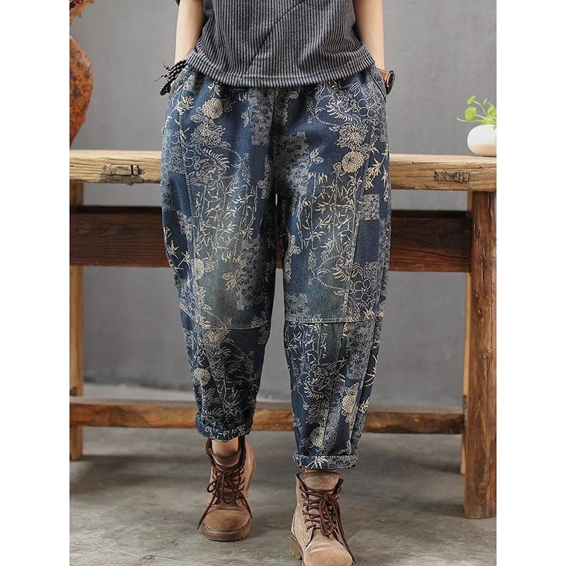 Vinterplysj Retro Printed Denim Harem Pants