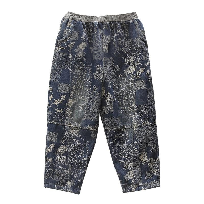 Vinterplysj Retro Printed Denim Harem Pants