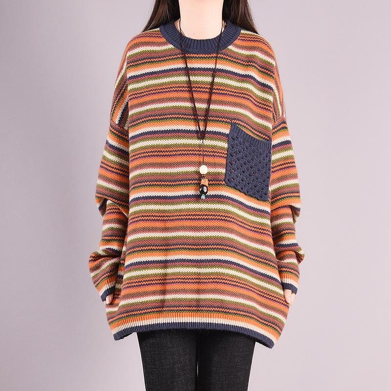 Høst Vinter Casual Coloful Stripe Løs Strikket Genser