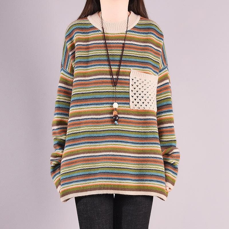 Høst Vinter Casual Coloful Stripe Løs Strikket Genser