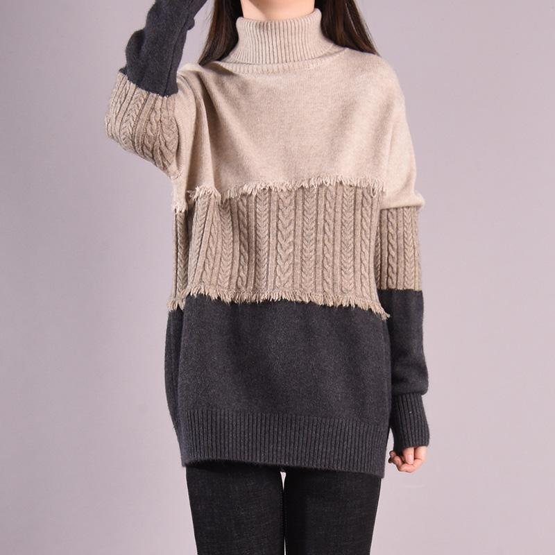 Vinter Casual Patchwork Løs Strikket Turtleneck Genser