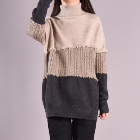 Vinter Casual Patchwork Løs Strikket Turtleneck Genser