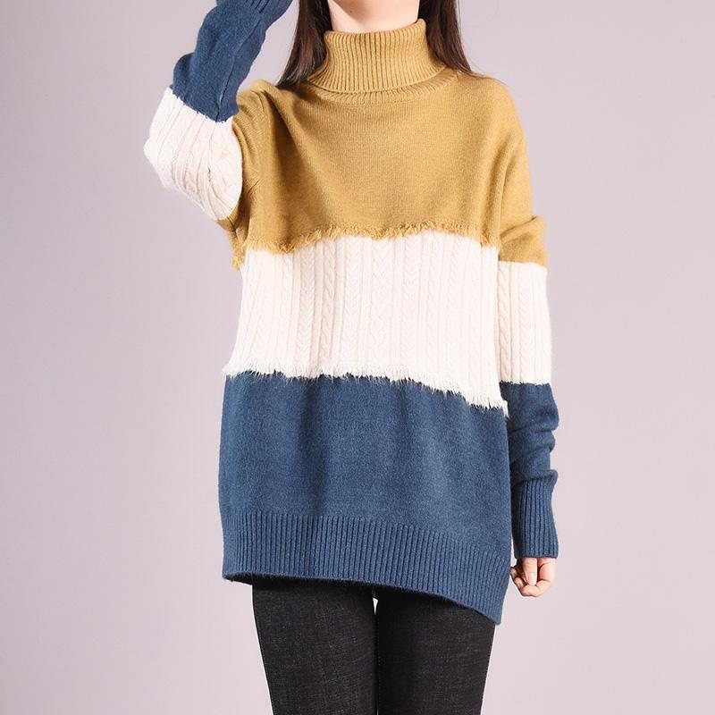 Vinter Casual Patchwork Løs Strikket Turtleneck Genser