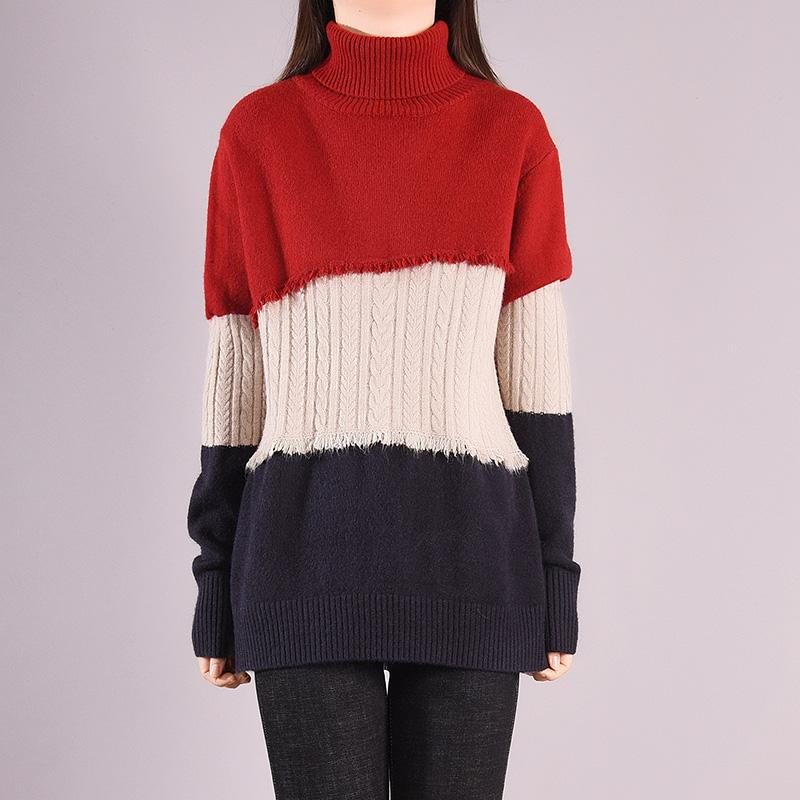 Vinter Casual Patchwork Løs Strikket Turtleneck Genser