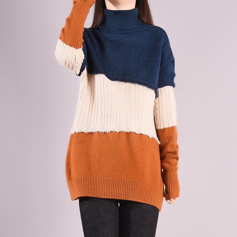 Vinter Casual Patchwork Løs Strikket Turtleneck Genser