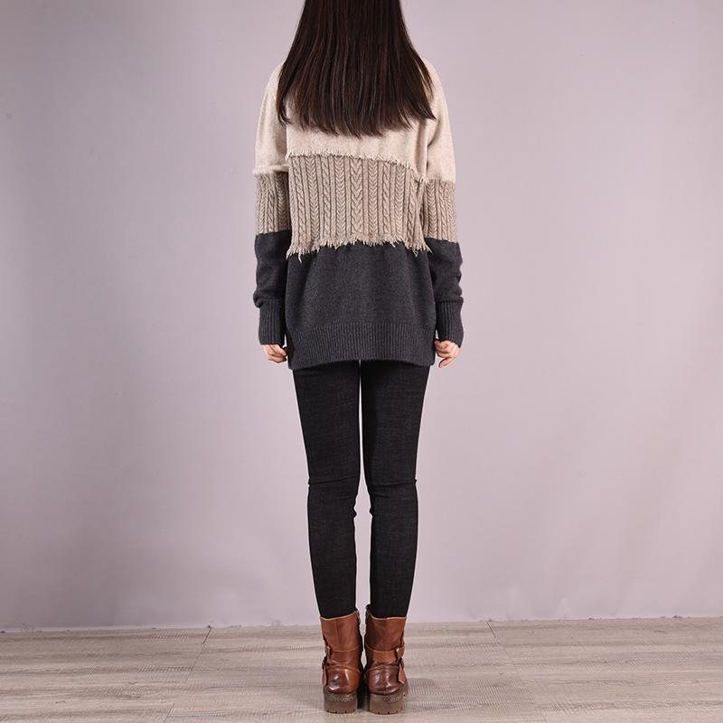 Vinter Casual Patchwork Løs Strikket Turtleneck Genser