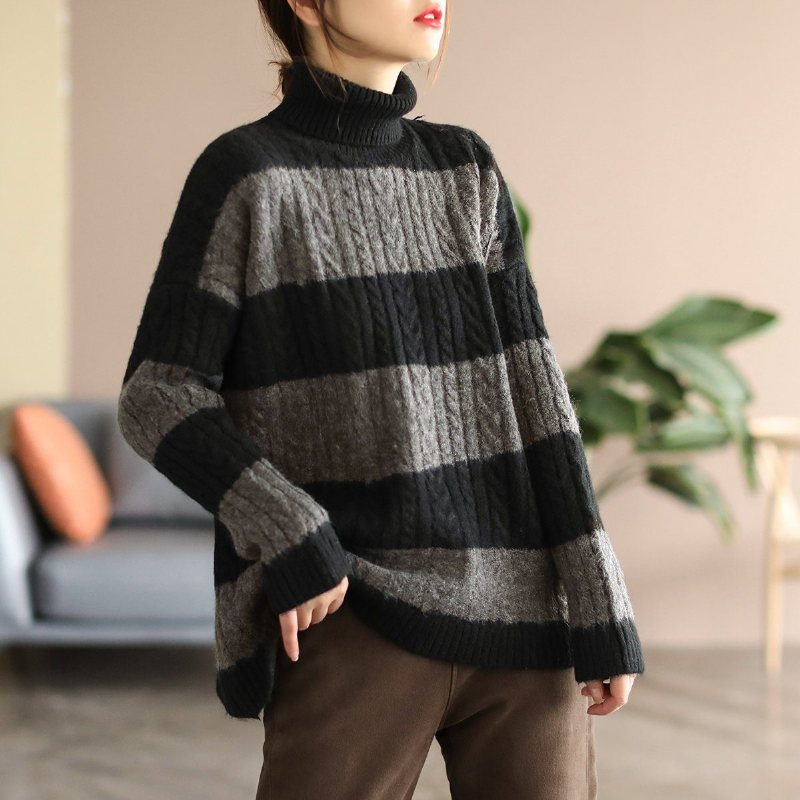 Vinter Retro Stripe Fleece Blended Strikkegenser