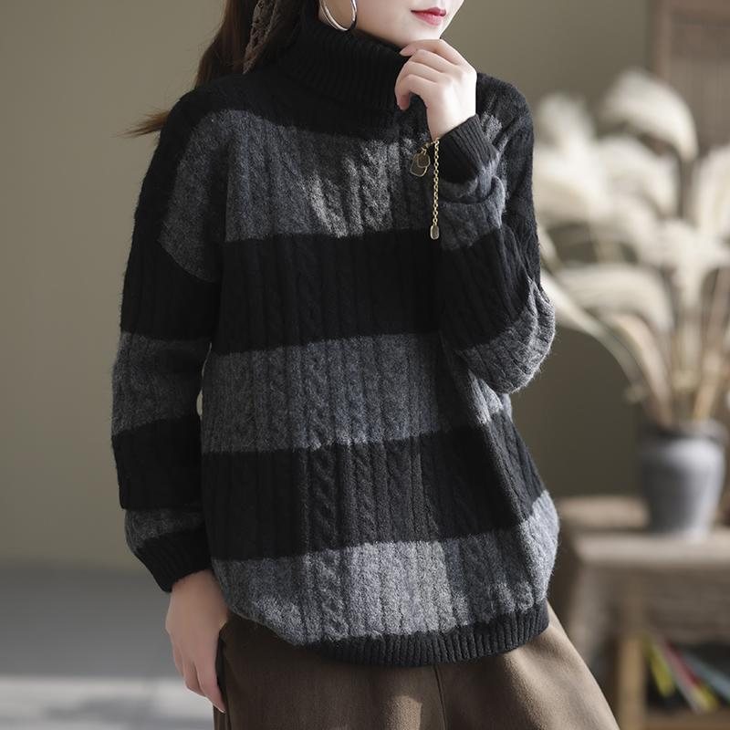 Vinter Thick Stripe Turtleneck Løs Retro Genser