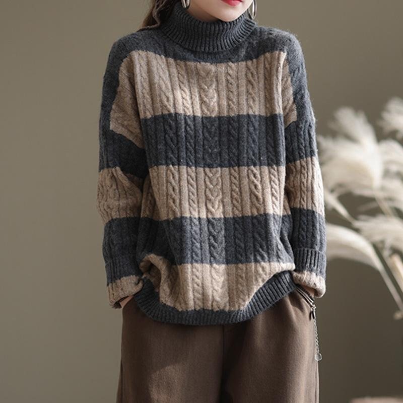 Vinter Thick Stripe Turtleneck Løs Retro Genser