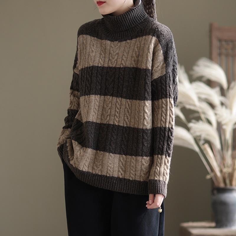 Vinter Thick Stripe Turtleneck Løs Retro Genser