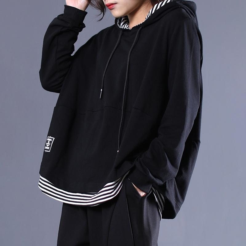 Black Stripe Patchwork Casual Pullover Hettegenser