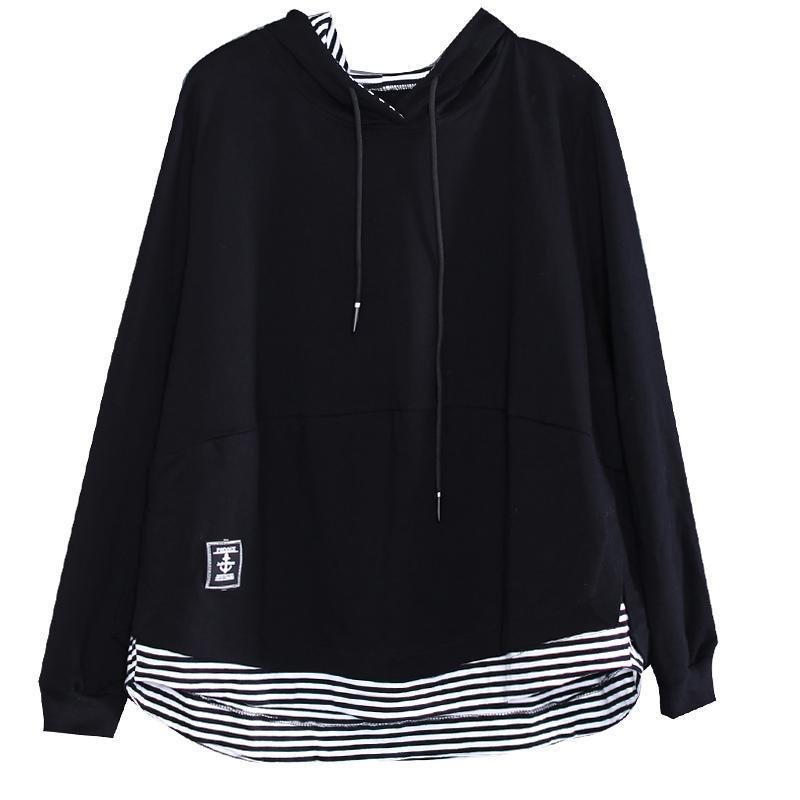 Black Stripe Patchwork Casual Pullover Hettegenser