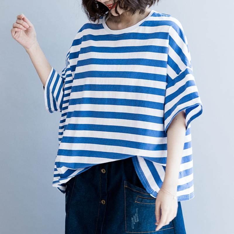 Dame Bomull Casual Stripes Løs T-skjorte