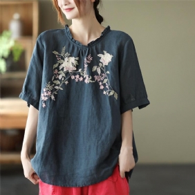 Dame Retro Floral Brodery Pullover Lin T-shirt