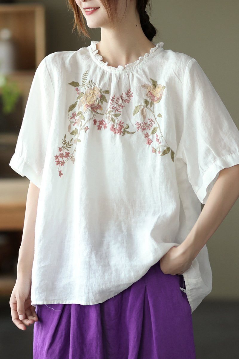 Dame Retro Floral Brodery Pullover Lin T-shirt