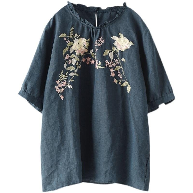 Dame Retro Floral Brodery Pullover Lin T-shirt