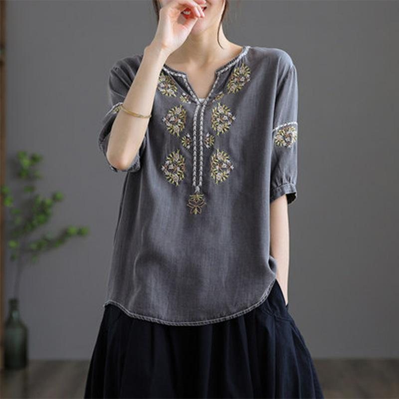 Dame Retro Loose Floral Brodery Tencel T-shirt