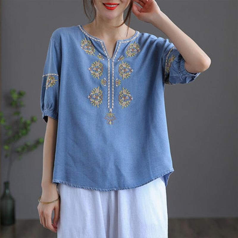 Dame Retro Loose Floral Brodery Tencel T-shirt