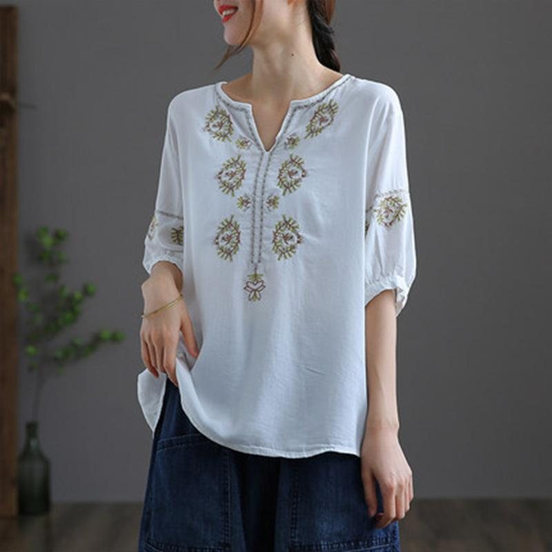 Dame Retro Loose Floral Brodery Tencel T-shirt