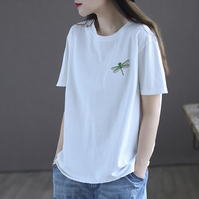 Dame Sommer Retro Dragonfly Broderi Bomull T-skjorte