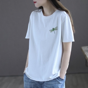 Dame Sommer Retro Dragonfly Broderi Bomull T-skjorte