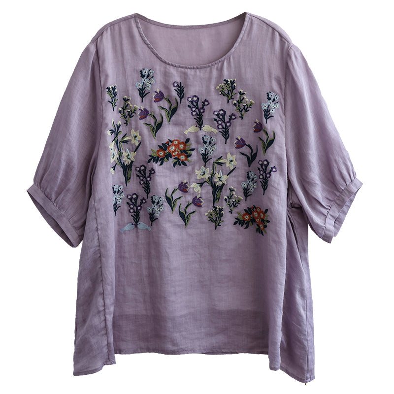 Dame Sommer Retro Løs Blomster Broderi Lin T-skjorte