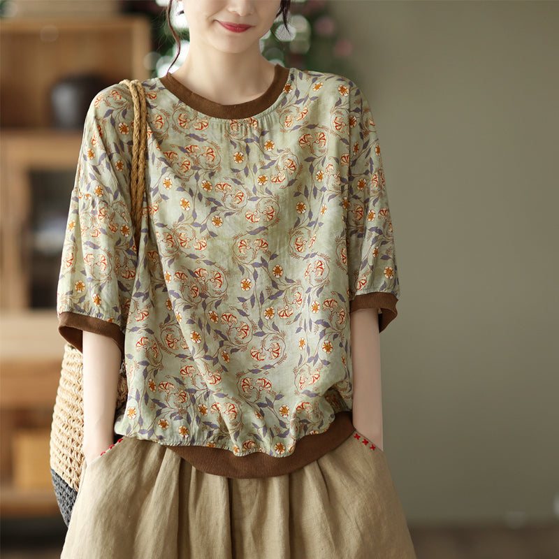 Dame Sommer Retro Tencel Linen Floral T-skjorte