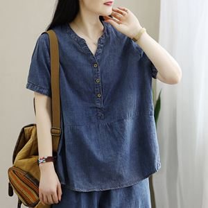 Dame Sommermote Løs Tencel Cotton Denim T-skjorte