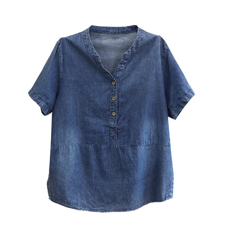 Dame Sommermote Løs Tencel Cotton Denim T-skjorte