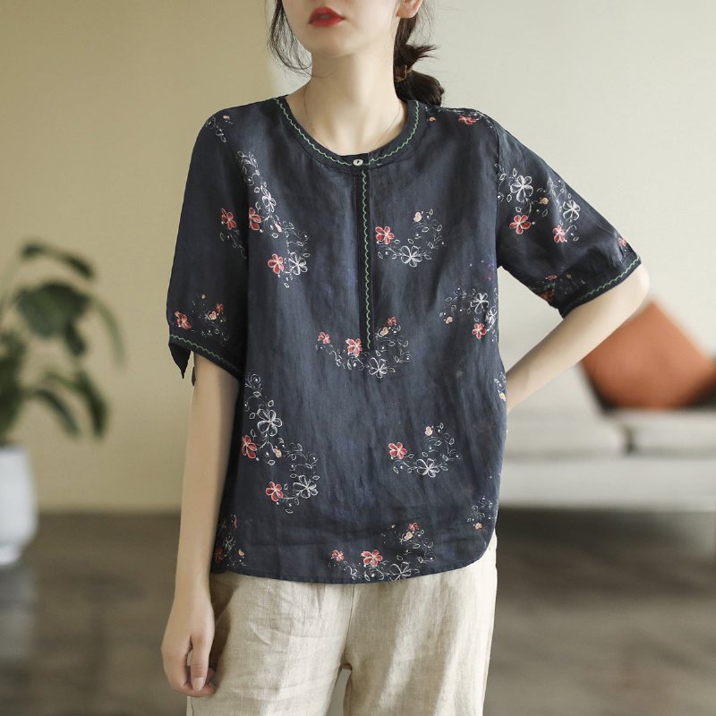 Dame Summer Retro Floral Print Kortermet T-skjorte I Lin