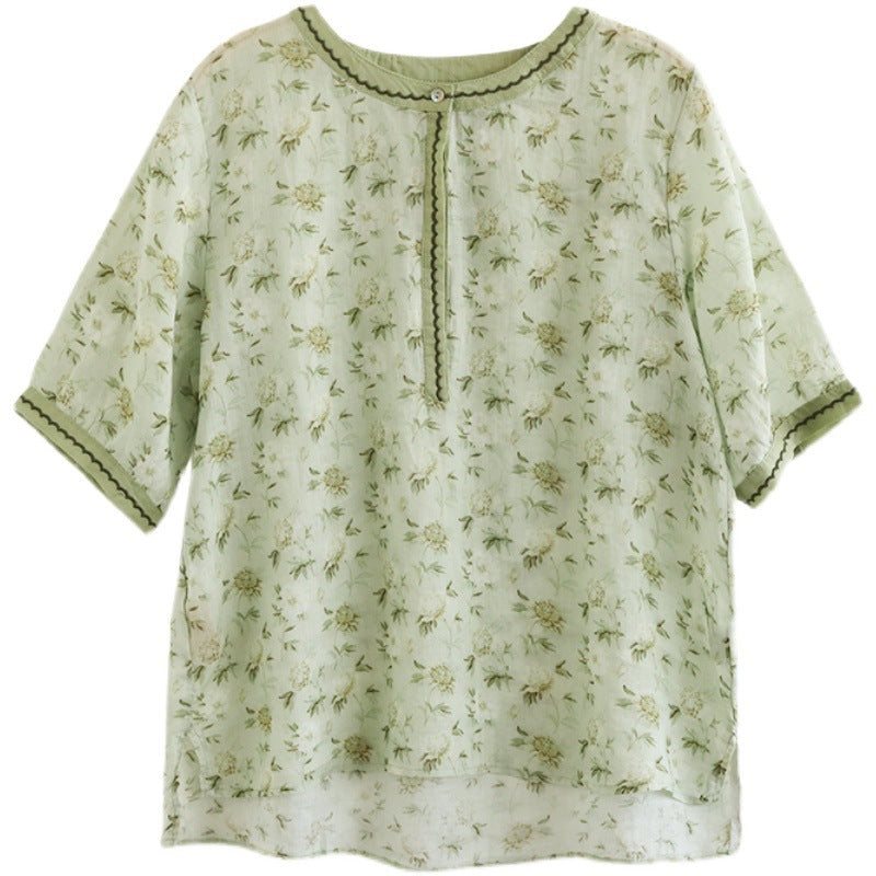 Dame Summer Retro Floral Print Kortermet T-skjorte I Lin