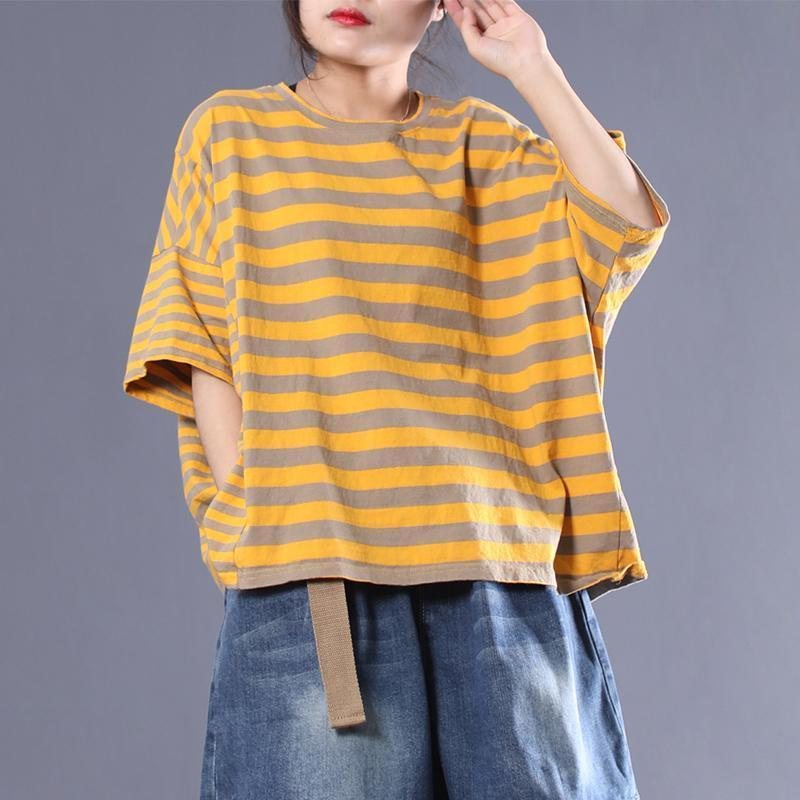 Kvinner Casual Slit Stripes T-skjorte Med Bomullslomme