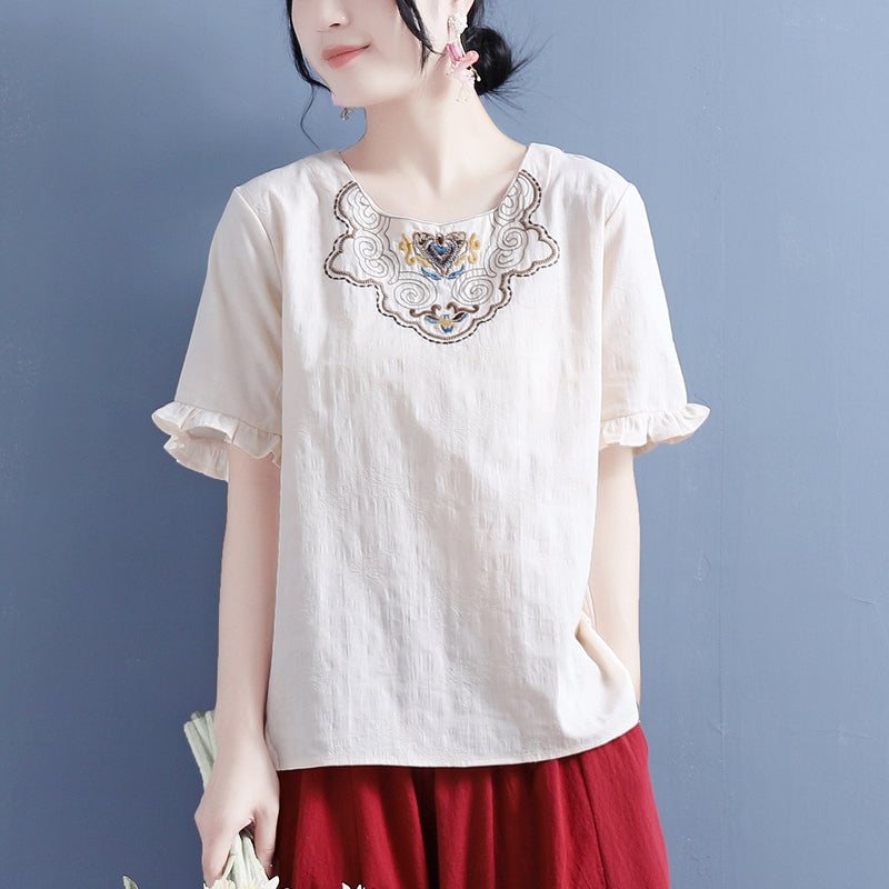 Kvinner Summer Vintage Brodery Ruffled T-shirt