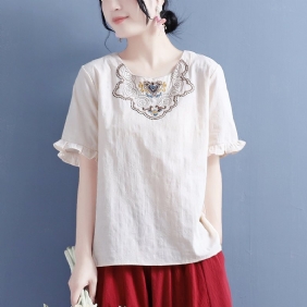 Kvinner Summer Vintage Brodery Ruffled T-shirt