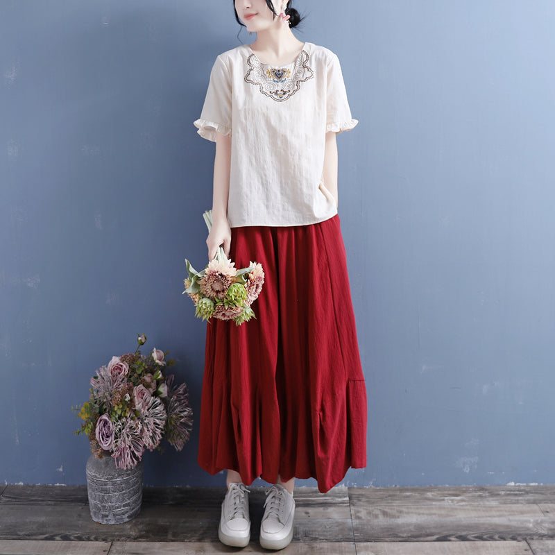 Kvinner Summer Vintage Brodery Ruffled T-shirt