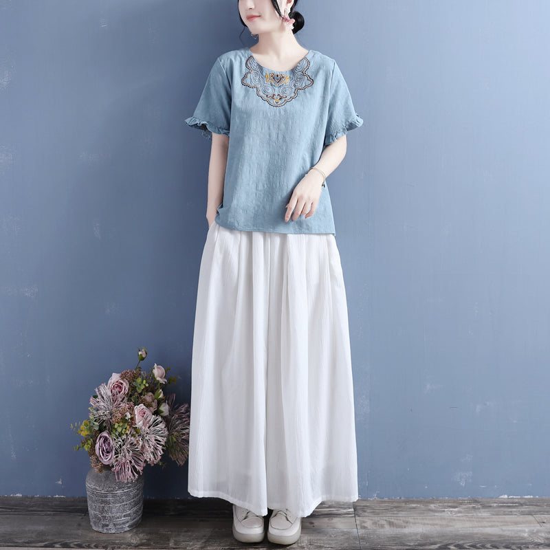 Kvinner Summer Vintage Brodery Ruffled T-shirt