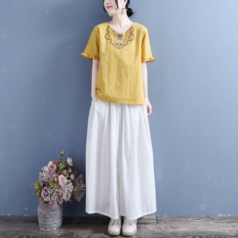 Kvinner Summer Vintage Brodery Ruffled T-shirt