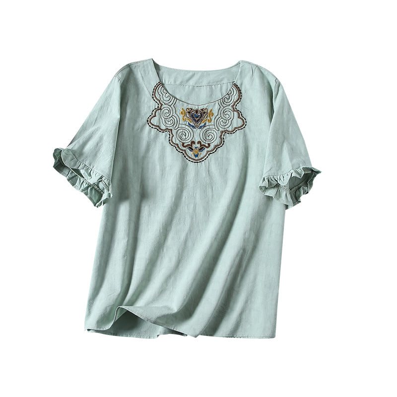 Kvinner Summer Vintage Brodery Ruffled T-shirt