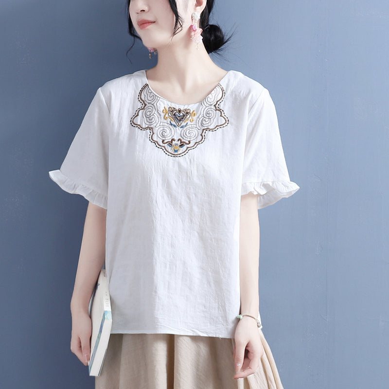 Kvinner Summer Vintage Brodery Ruffled T-shirt