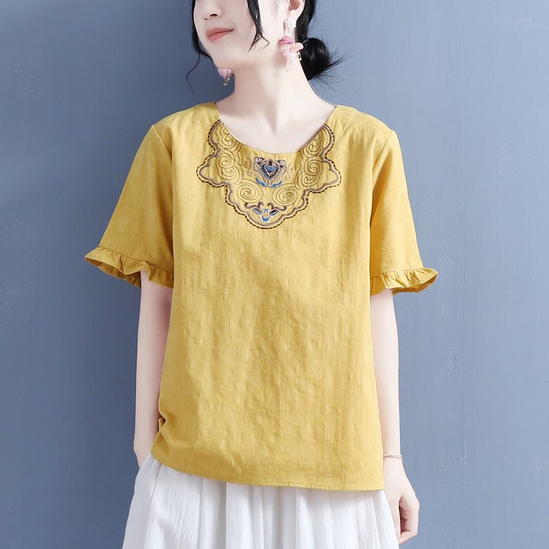 Kvinner Summer Vintage Brodery Ruffled T-shirt