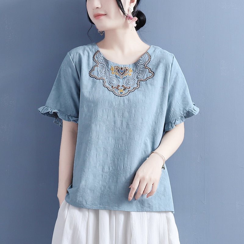 Kvinner Summer Vintage Brodery Ruffled T-shirt