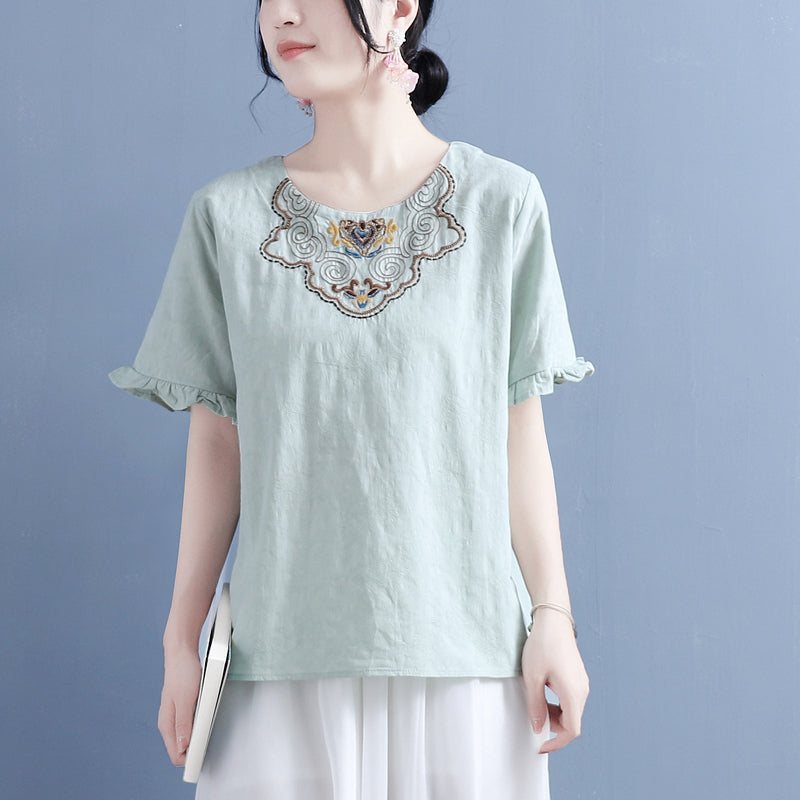 Kvinner Summer Vintage Brodery Ruffled T-shirt