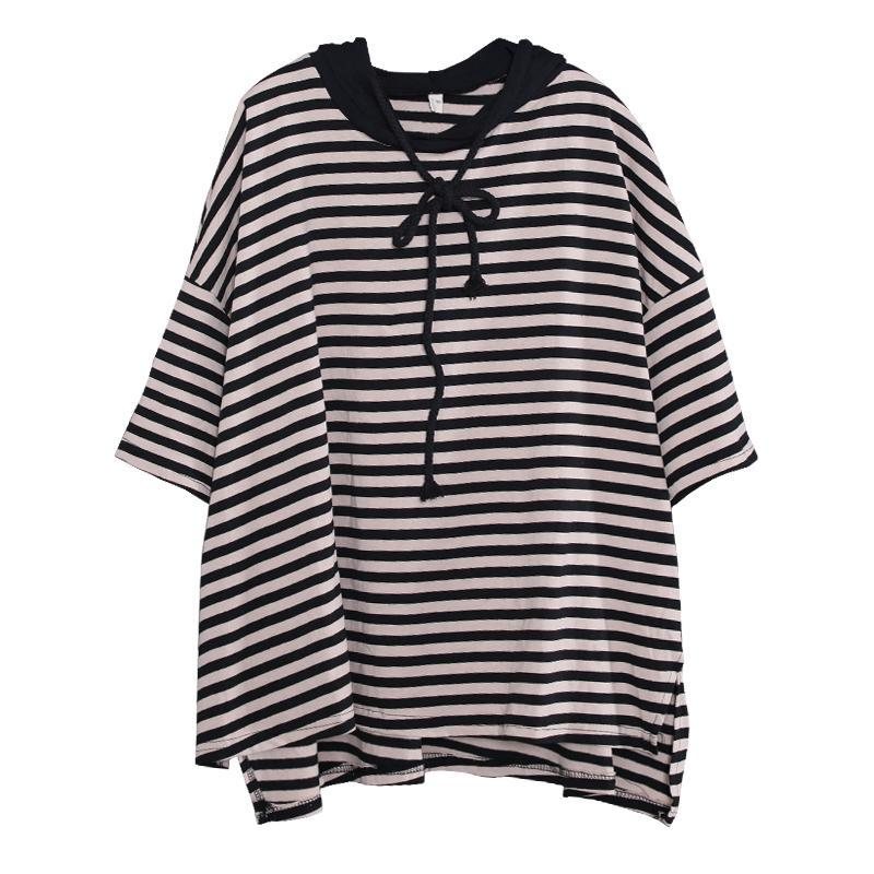 Stripes Cotton Casual Løs Hette Høy Lav T-skjorte