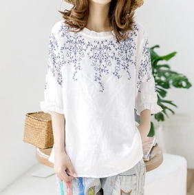 Summer Floral Brodery Cotton Lin T-shirt